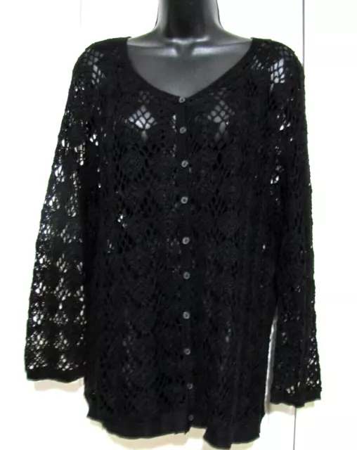 Jones New York Women's Crochet Knit Button Down Cardigan Sweater Black L/XL