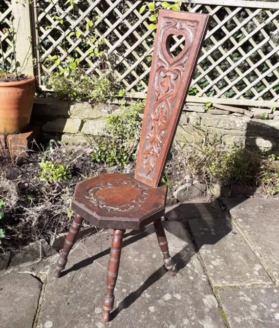 Antique Welsh Spinning Chair with carved seat and back
