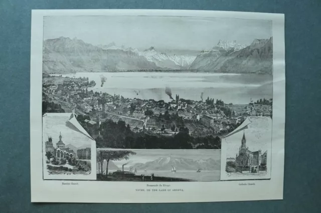 L1a) Holzstich Vevey Schweiz Swiss 1885 Genfer See Straßen Häuser Kirchen 26x20