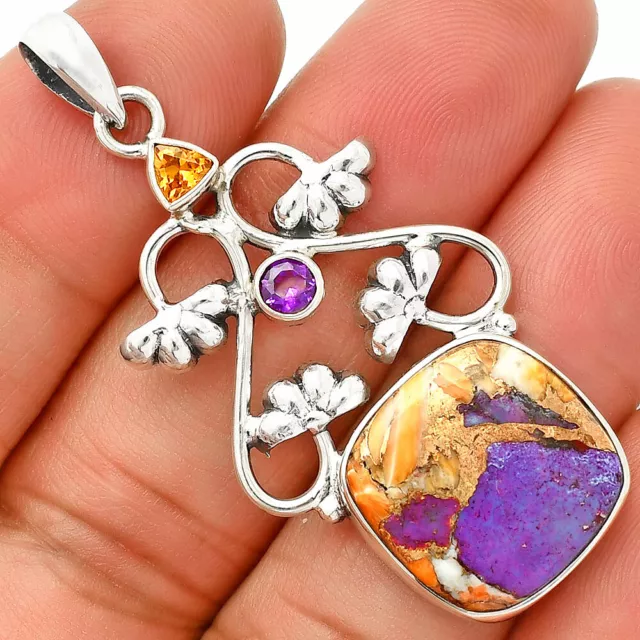 Spiny Oyster Turquoise, Citrine & Amethyst 925 Silver Pendant Jewelry P-1294