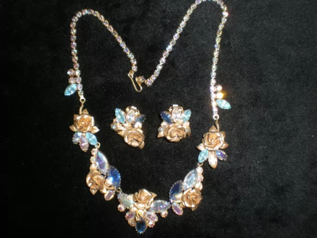 Vintage Necklace and Clip On Earrings Set - Floral w/Rhinestones - 17" Long