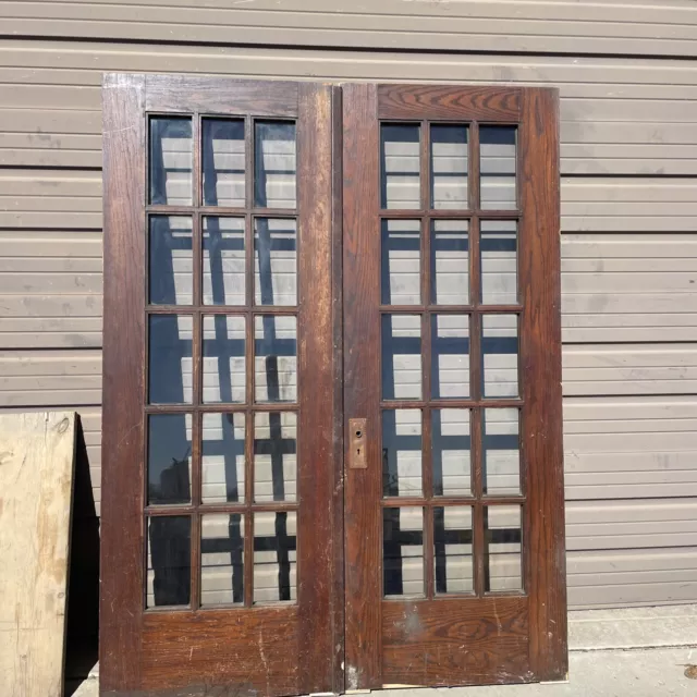 AN704 pair antique oak flat glass French doors 5‘ x 79 x 1.75