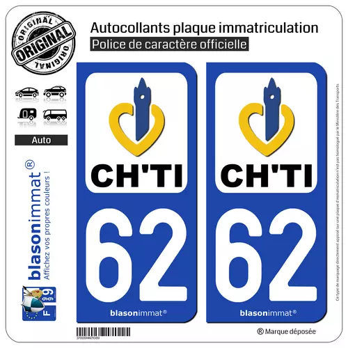 2 Stickers plaque d'immatriculation auto | 62 Nord-Pas de Calais - Ch'Ti