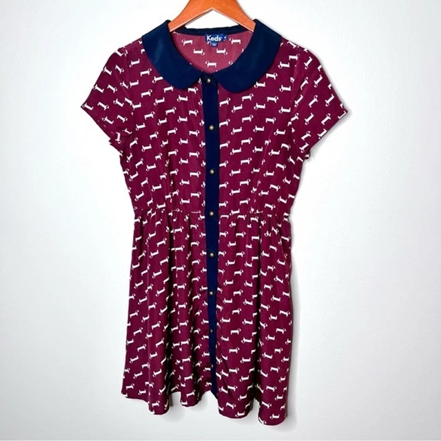 Keds Womens Hot Dawg Dachshund Beet Red Silky Dress Peter Pan Collar Size Medium