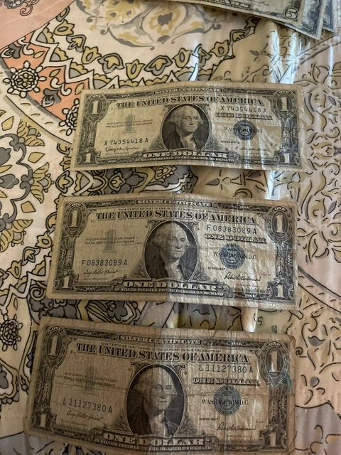 3 1957 Blue Seal $1 Dollar Silver Certificate, Old US One Dollar Bills