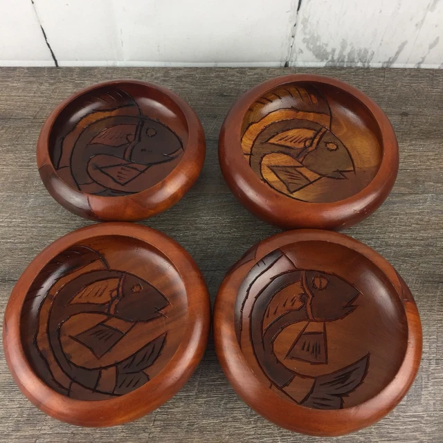 Set of 6 Hand Carved Fish Wooden Salad Bowl Primitive Asian Mid Century MCM Boho 3