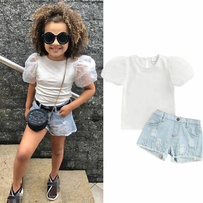 Toddler Newborn Baby Girl Lace Short Sleeve Tops Denim Shorts Outfits Clothes