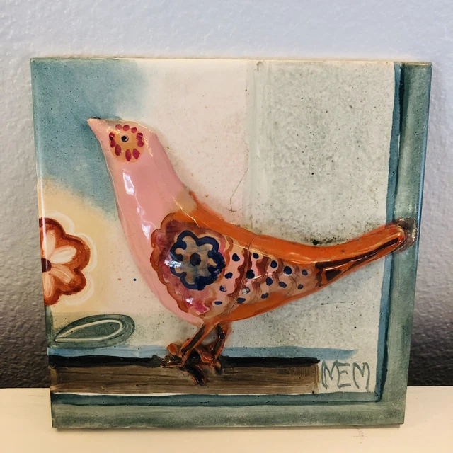 Handmade Artist Signed Pottery Glazed Clay Tile 6 x 6 applied Bird Painted USA