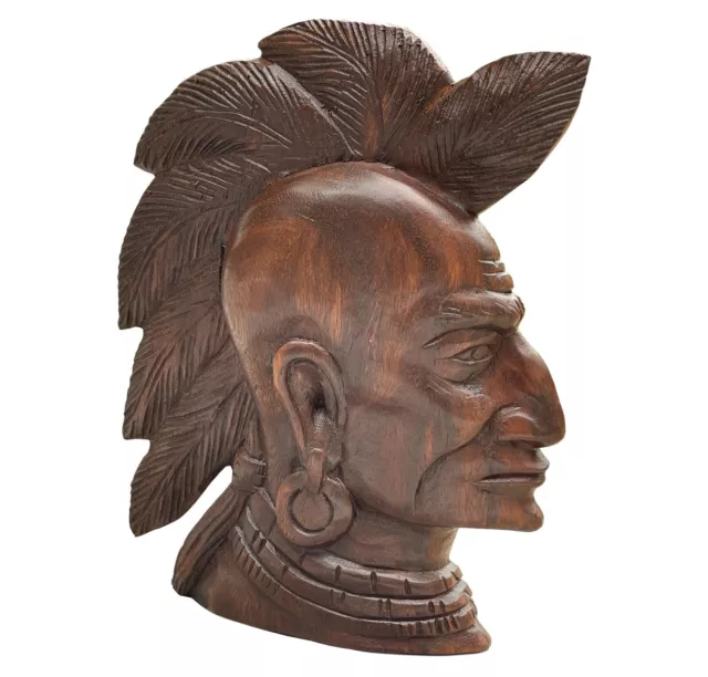 Wooden Chief Indian Native American Head Wall Hanging Hand Carved Man Cave 12"
