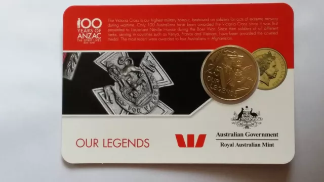 2016 25 Cent   OUR LEGENDS  ANZAC  VIC Cross unc Carded Coin