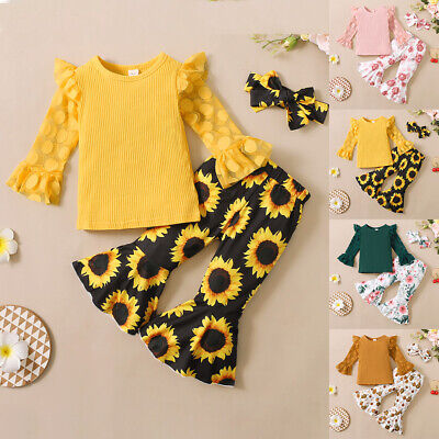 Toddler Baby Girls Long Sleeve Tops + Flared Pants + Headband Set Clothes Outfit