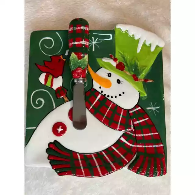 Fitz And Floyd Christmas Dish Holly Hat Snowman Snack Plate with Spreader