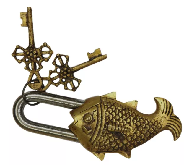 Fish Shape Door Lock Antique Style Handcrafted Brass Padlock with Working Keys