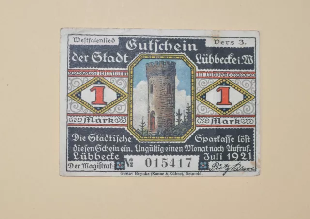 Notgeld. Gutschein der Stadt Lübbecke .1 Mark. Juli 1921