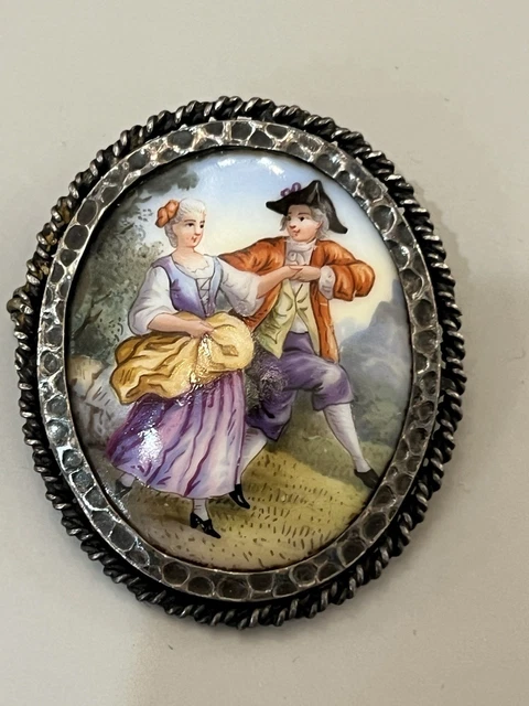 Broche Ancienne Peinte Main Porcelaine France - Bijou Unique Et Magnifique, Occasion