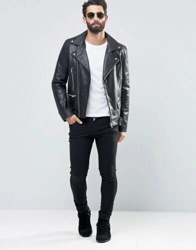 Giubbotto Pelle Uomo Nero Biker Motocicletta Pura Pelle di Agnello Cafe racer