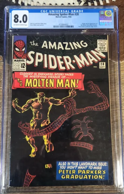 AMAZING SPIDER-MAN #28 CGC 8.0 1st Molten Man Key issue. HTF Marvel Comics