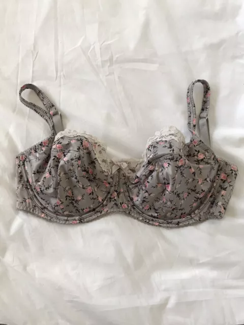 F&F TESCO BRA 34G Grey Pink Floral Underwired Lace Edge Good