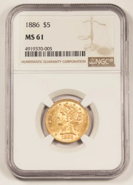 United States (US) 1886 $5 Liberty Head Half Eagle Gold Coin NGC MS61 UNC/BU