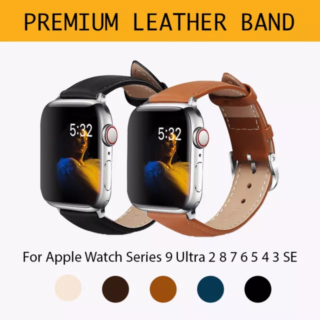 Genuine Leather Strap iWatch Band for Apple Watch Series9 8 7 6 5 4 3 SE 41mm 45