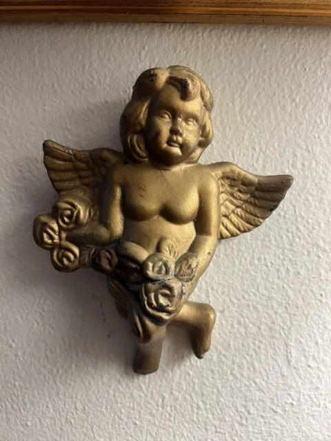 Vintage Gold Baby Cherub Angel Wall Hanging Ceramic Sculpture Wings Floral