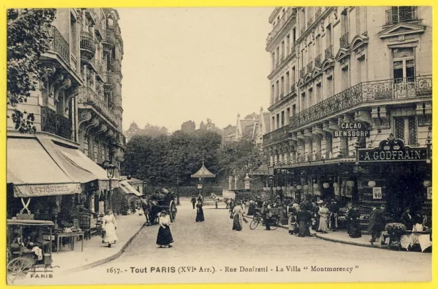 cpa RARE 75 - PARIS Rue DONIZETTI VILLA MONTMORENCY Commerce A. GODFRAIN Animated