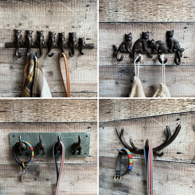 Cast Iron Hook Coat Key Hooks Cat Dog Tails Antlers Rack of 4 Hall Porch
