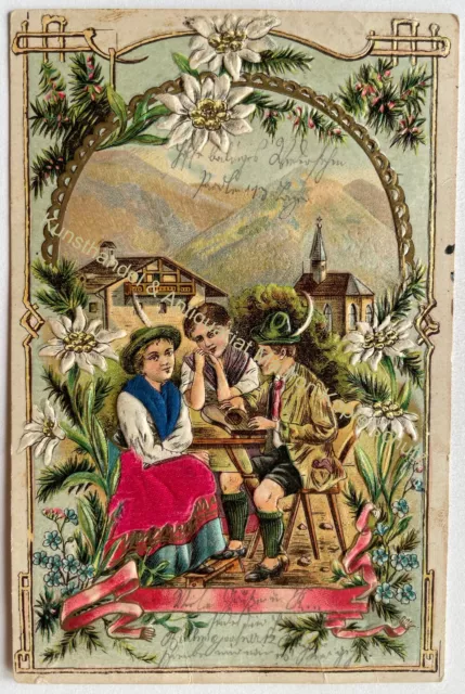 AK Motiv 1903 Litho Prägekarte Bayern Tracht Lederhose Dirndl