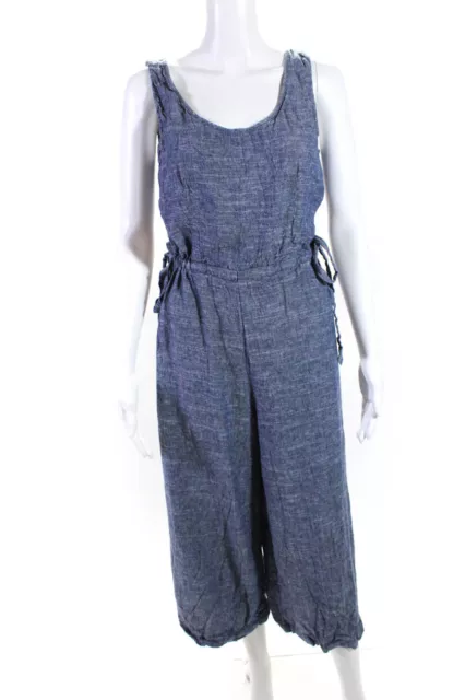 Max Studio Women's Belted Scoop Neck Linen Blend Sleeveless Jumpsuit Blue Size S