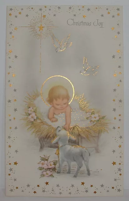 UNUSED - Gold Accents - Baby Jesus, Lamb -1960's Vintage Christmas Greeting Card