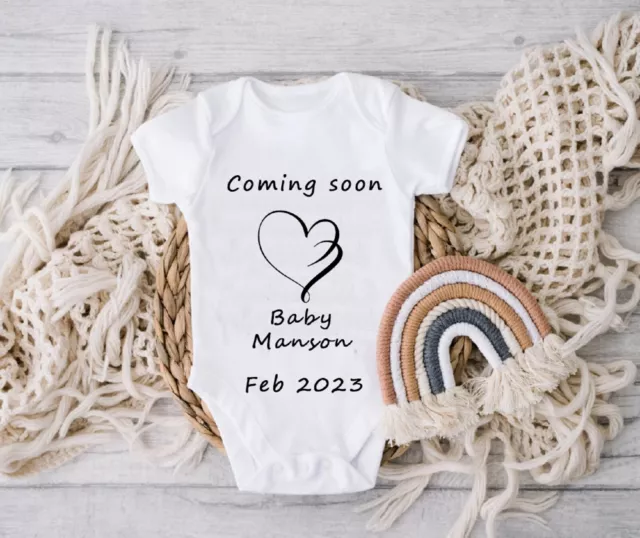 Personalised Baby Vest Grow Suit Announcement Coming Soon Surname Due Date