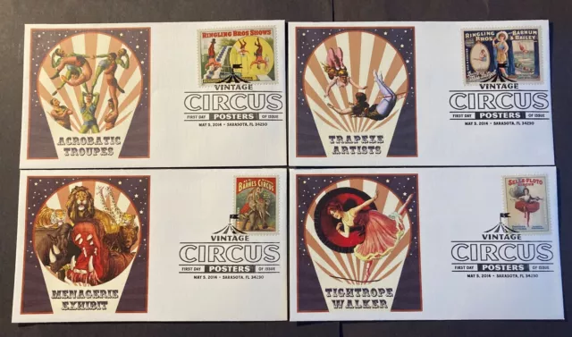 USA #4498-4905 Vintage Circus Posters FDC on 8 Fleetwood cachet envelopes