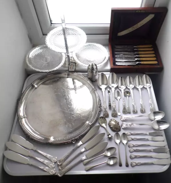 Antique & Vintage Silver Plated Baroque Walker & Hall Tray & Cutlery In Box Lot