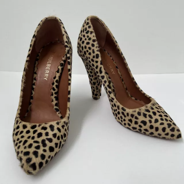 Mulberry High Heel Cheetah Animal Print Shoes Leather Minimal Wear Logo Sz 37