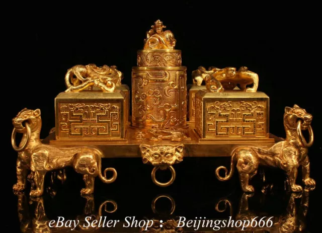 12" Old Chinese Purple Bronze 24K Gold Gilt Tiger Beast Leg Dragon Seal Set