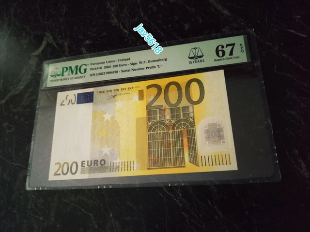 Euro 200 Banknote Pmg 67 🇪🇺 W.f.duisenberg Finland 2002 "L" Very Rare *** Euro 200 Banknote Pmg 67 🇪🇺 W.f.duisenberg Finland 2002 "L" Very Rare ***
