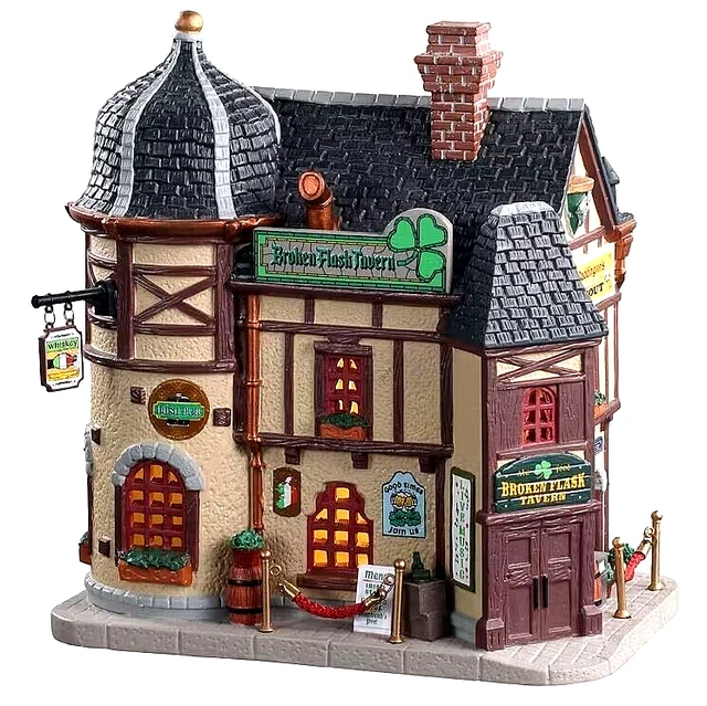 Lemax Irish Pub Bar Broken Flask Tavern Porcelain Lighted Building Shamrock Gift