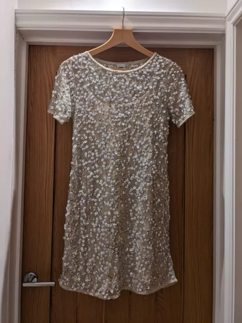 ASOS Gold Sequin Shift Dress With Nude Lining Size 6