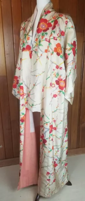 Rare Antique Cream and Multicolor Floral Silk Furisode Kimono