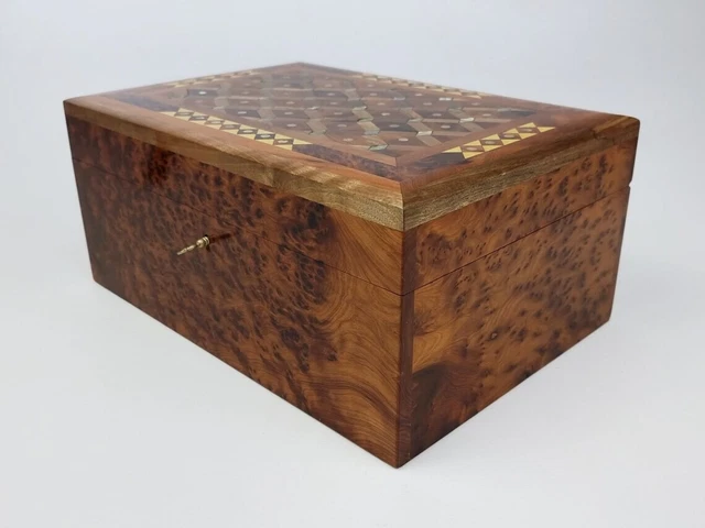 HANDMADE Large JEWELRY 12x8 BOX with Thuya Burl & Walnut Wood Lockable Chest Box