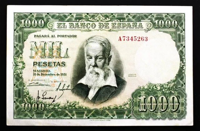 Spain-Joaquín Sorolla. 1000 Pesetas 1951. Madrid. Serie A. EBC / Xf. Very Rare