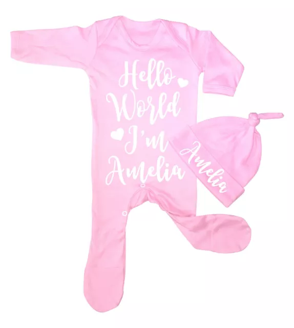 Personalised Hello world  pink Babygrow Set Hospital Outfit newborn baby gift