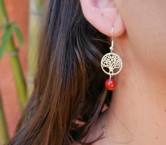 Boucles d'oreilles en cornaline breloque arbre de vie - Crochets en argent 925