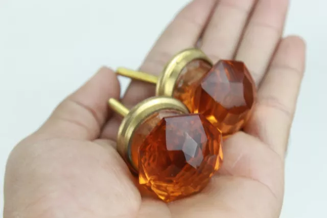 Vintage Amber Cut Glass Door Knob: Victorian Style Brass Small Knobs Set 2