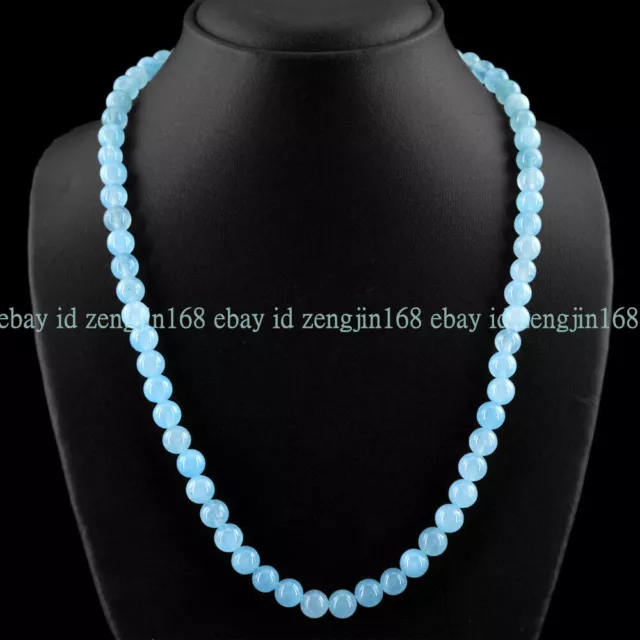 Natural 6/8/10/12mm Blue Chalcedony Gemstone Round Jewelry Necklace 16-36 Inch