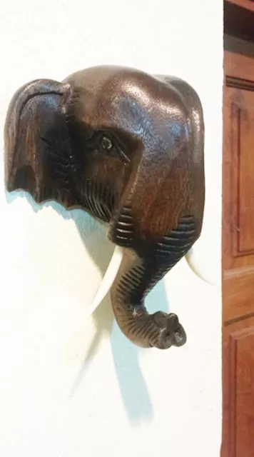 Thai Elephant Wooden Head Wood Carved Hanging Wall Home Decor Collectible 10"