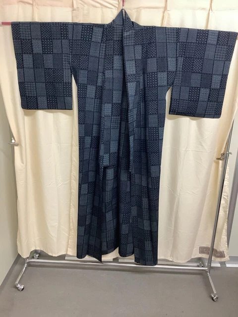 Japanese Vintage Kimono pure silk Tumugi fabric tradition length 62.59 inch used