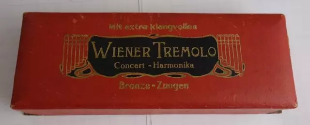 alte Pappschachtel Mundharmonika Wiener Tremolo Concert Harmonika Bronze Zungen