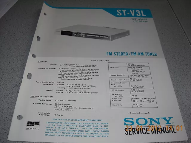 SONY ST-V3L FM Stereo / FM-AM Tuner Service Manual