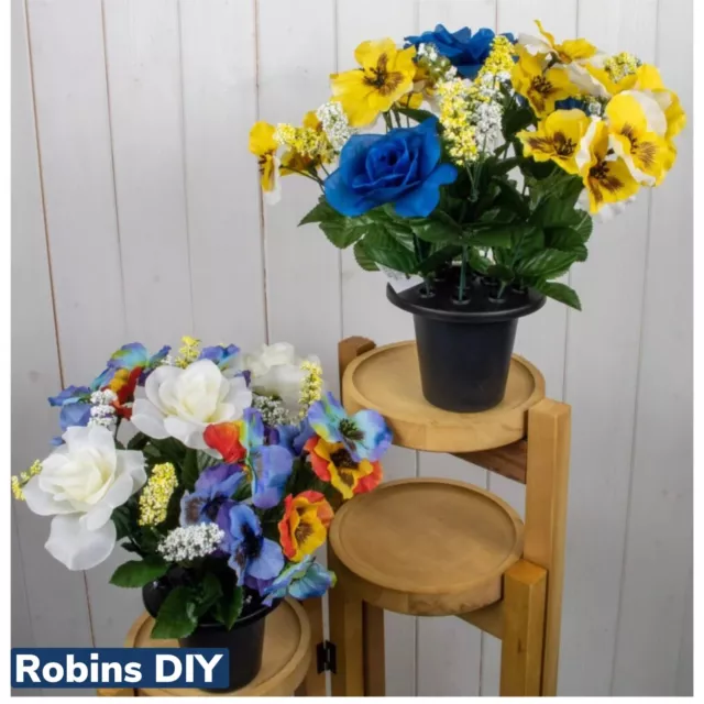 2 X Memorial Grave - Cemetery Pots With Artificial Flowers - Pansy / Rose Mix